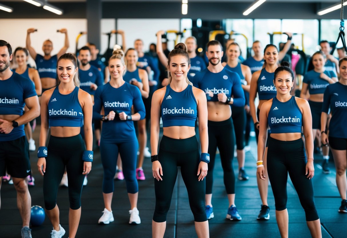 A gym filled with people wearing activewear made with blockchain technology, displaying various fitness activities and wellness products