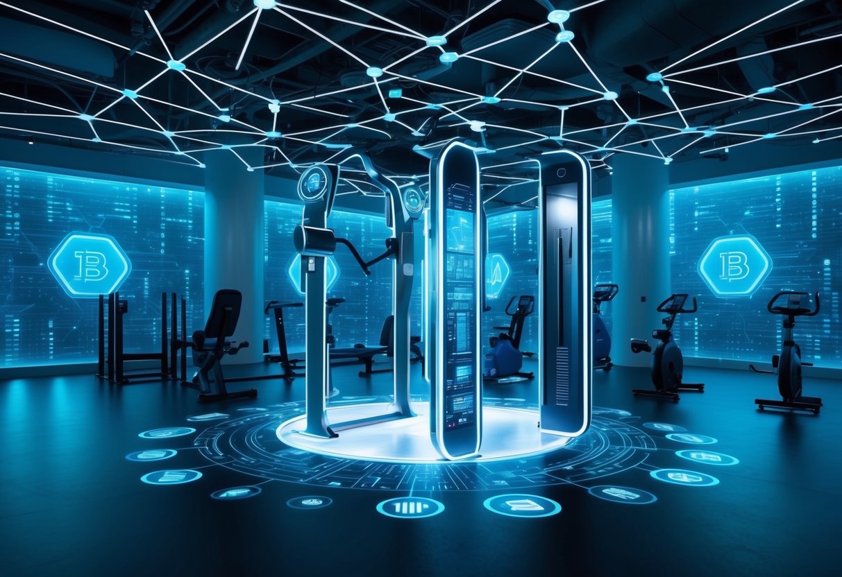 A futuristic gym with holographic fitness equipment and wearable tech, surrounded by a network of interconnected data nodes and blockchain technology