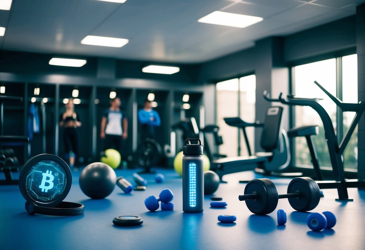 A gym locker room with futuristic activewear and wellness gadgets scattered around, while blockchain technology is visibly integrated into fitness equipment