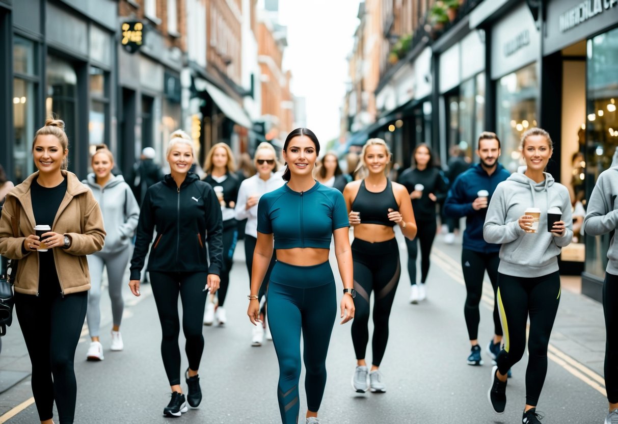 A bustling urban street lined with trendy shops and cafes, where people of all ages and styles are seen wearing activewear as part of their everyday fashion in 2024