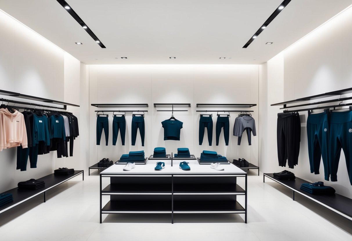 A sleek, modern athleisure store with high-end activewear displayed on minimalist racks and shelves. Bright lighting and clean, organized layout exude luxury