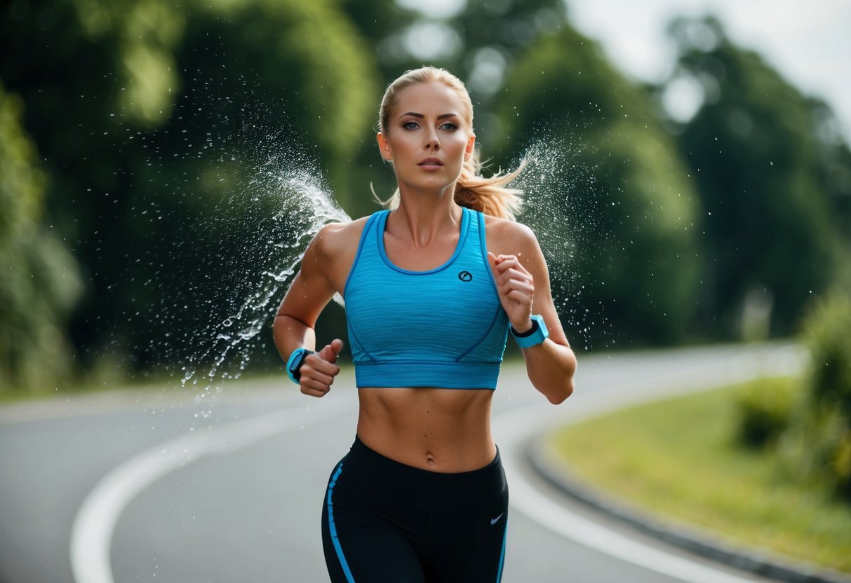 A runner in high-performance activewear is surrounded by moisture-wicking fabric technology, with sweat visibly evaporating from the material