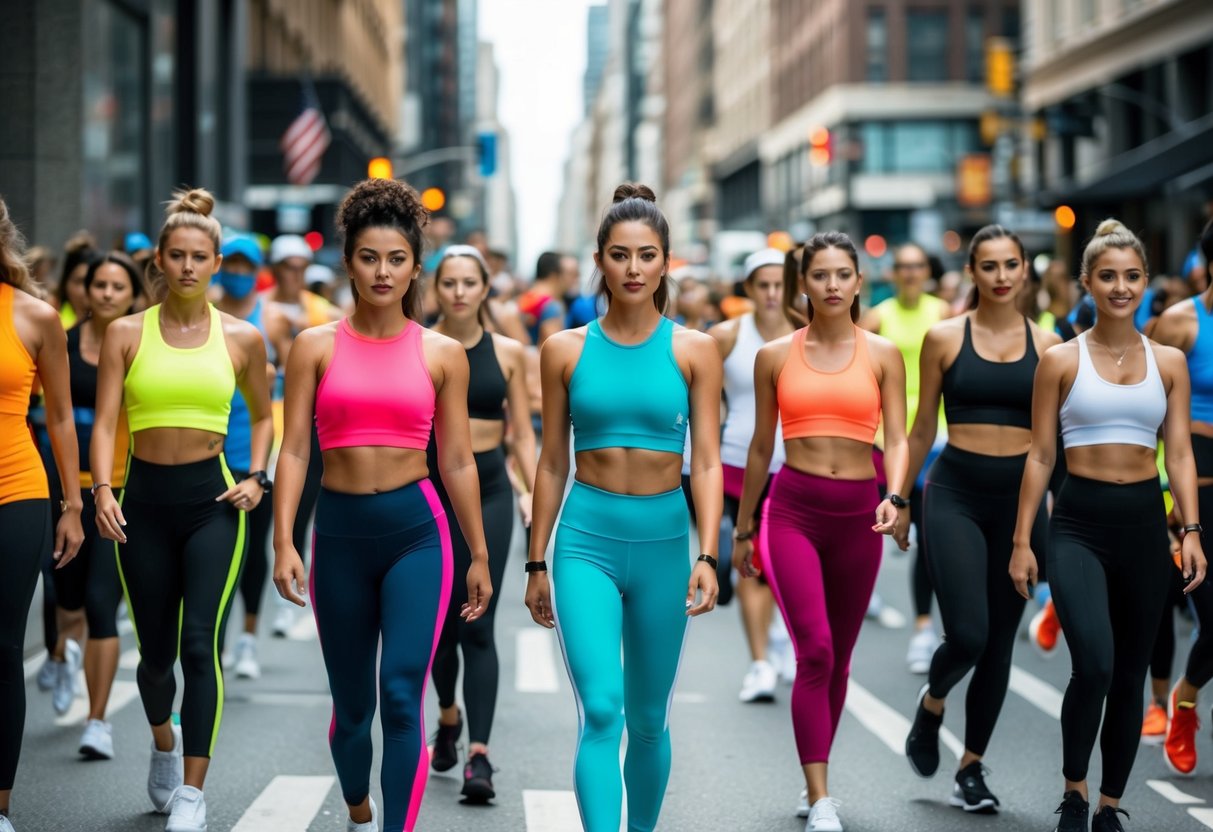 A bustling city street filled with people wearing activewear in various styles and colors. Bright, bold patterns mix with sleek, monochromatic designs, creating a dynamic and modern fashion scene