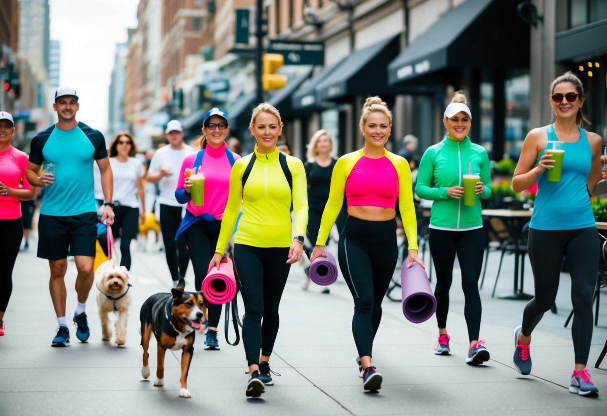 A bustling city street with people wearing activewear in vibrant colors and bold patterns. Some are walking dogs or carrying yoga mats, while others are sipping smoothies at outdoor cafes