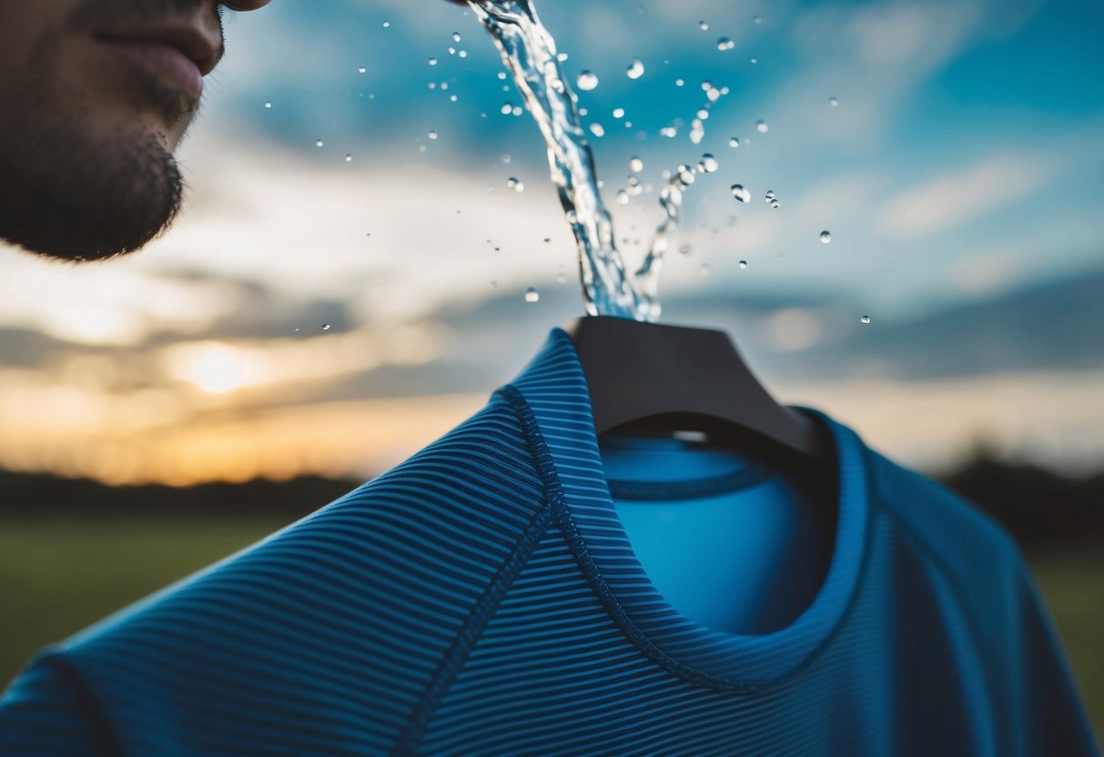 A fabric with moisture-wicking technology, showing sweat being drawn away from the material, leaving it dry and comfortable