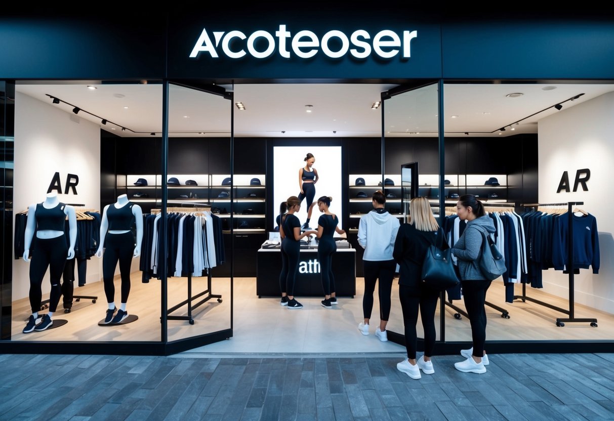 A sleek, modern storefront with bold branding and high-quality materials on display. Mannequins showcase stylish activewear ensembles, while customers browse racks of premium athletic apparel