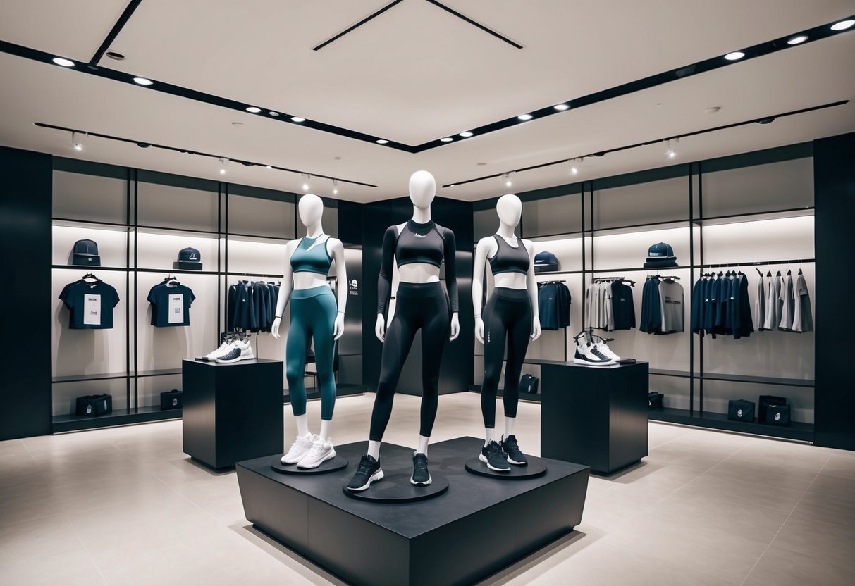 A sleek, modern activewear store with minimalist decor and high-end branding. Mannequins display premium athletic clothing and accessories