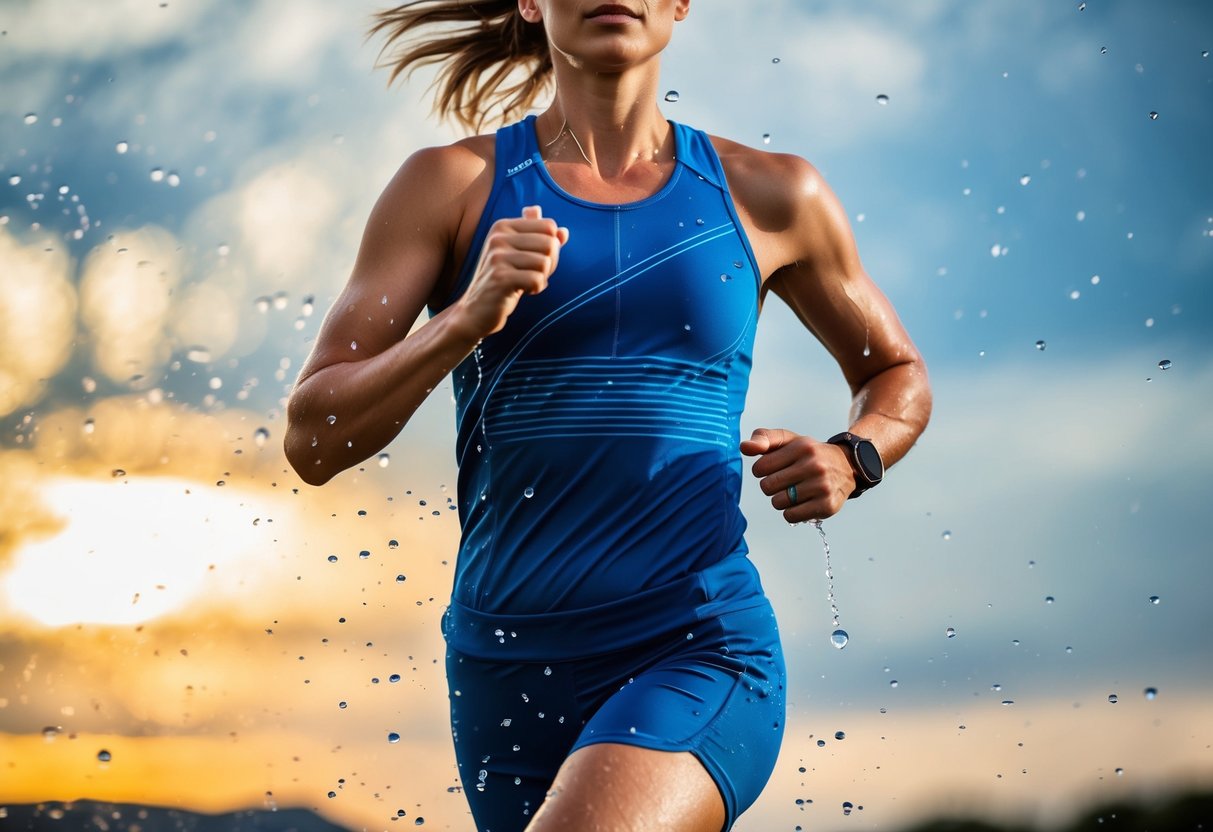 A runner in moisture-wicking activewear, surrounded by sweat droplets, with advanced fabric technology visibly repelling moisture