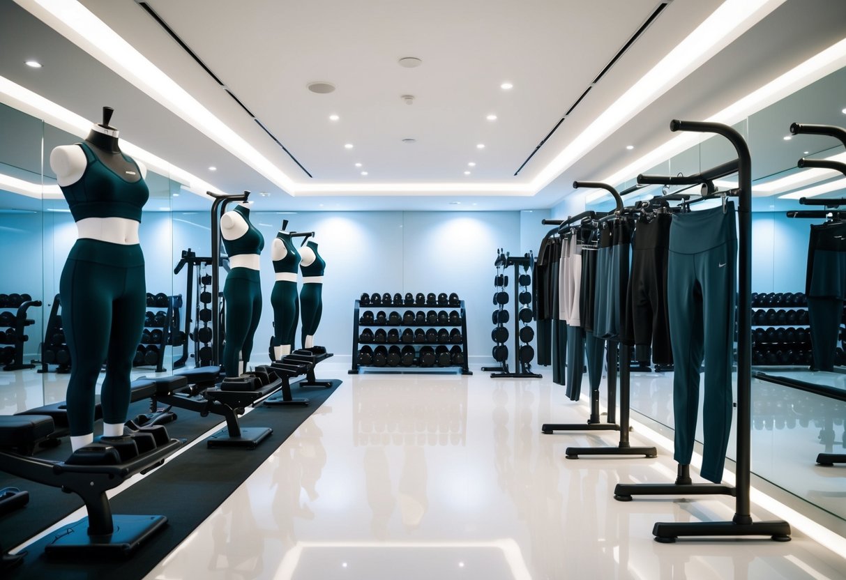 A sleek, modern gym with high-end workout equipment and stylish activewear displayed on racks and mannequins. Bright lighting and clean lines create a luxurious atmosphere