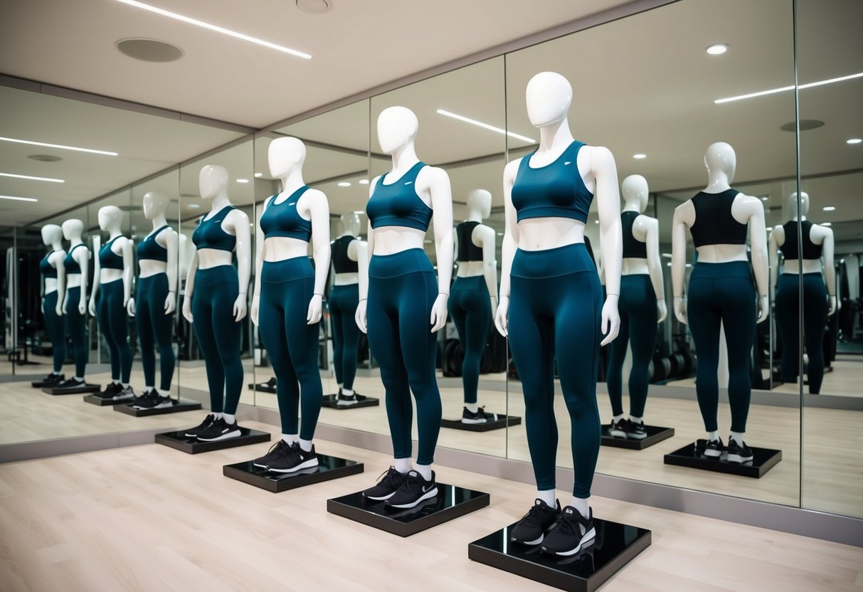 A sleek, modern gym with high-end activewear displayed on stylish mannequins. Mirrored walls reflect the luxurious, performance-driven pieces in a high-fashion setting