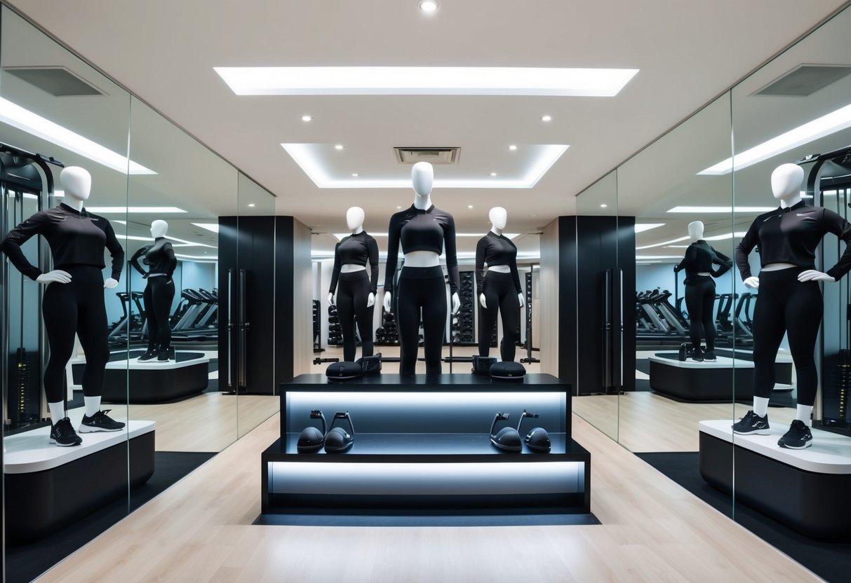 A sleek, modern gym with high-end equipment and stylish activewear displayed on mannequins and shelves. Bright lighting and clean lines exude a sense of luxury and high fashion