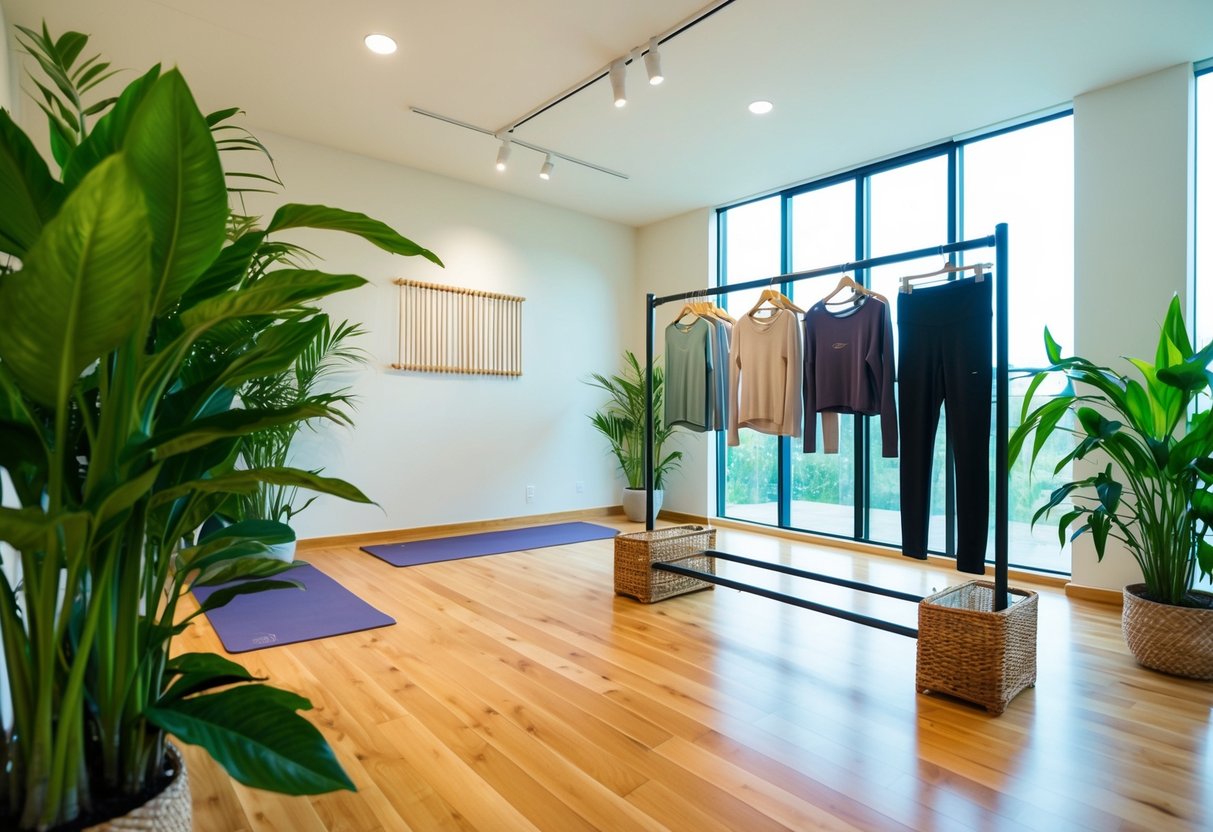 A serene yoga studio with natural light, bamboo floors, and lush green plants. A display of eco-friendly and stylish activewear on a rack