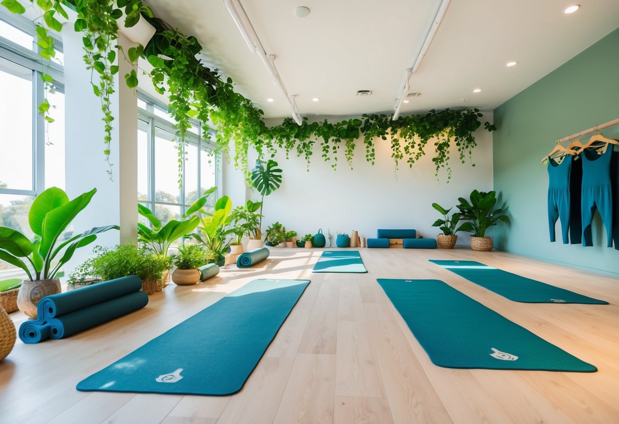 A serene yoga studio with natural light, lush greenery, and eco-friendly yoga mats. The space exudes comfort and sustainability, with stylish activewear on display