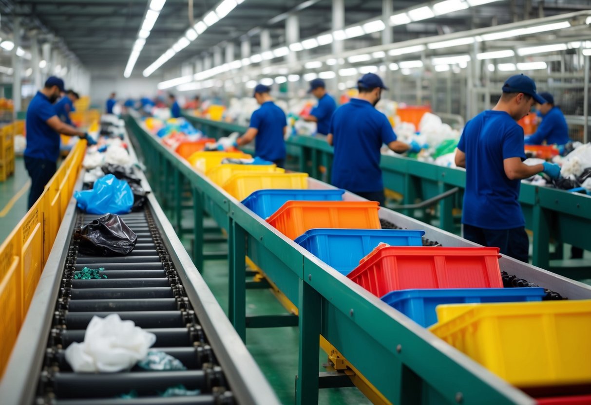 A bustling factory floor with workers sorting and processing plastic waste. Conveyor belts carry colorful plastic materials to be transformed into activewear