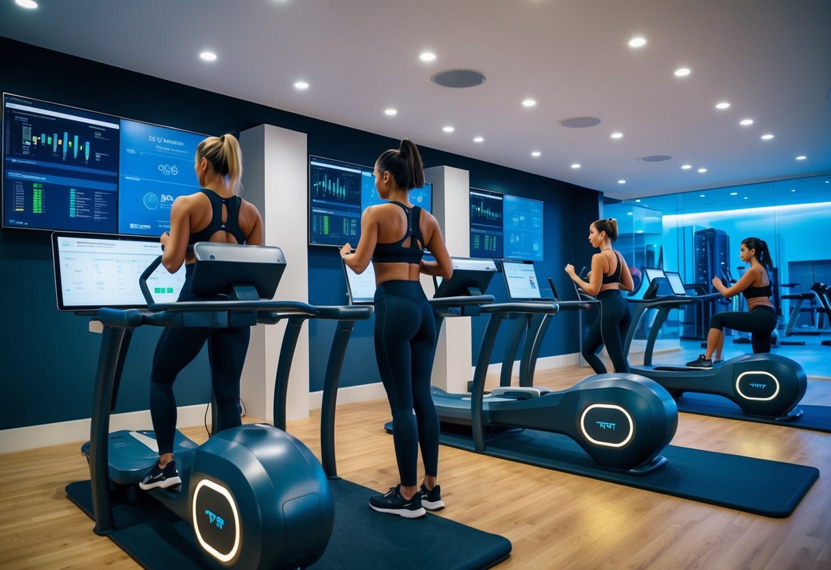 A futuristic gym with AI-powered equipment and personalized workout programs. Trainers monitor data on screens, while clients exercise in sleek activewear