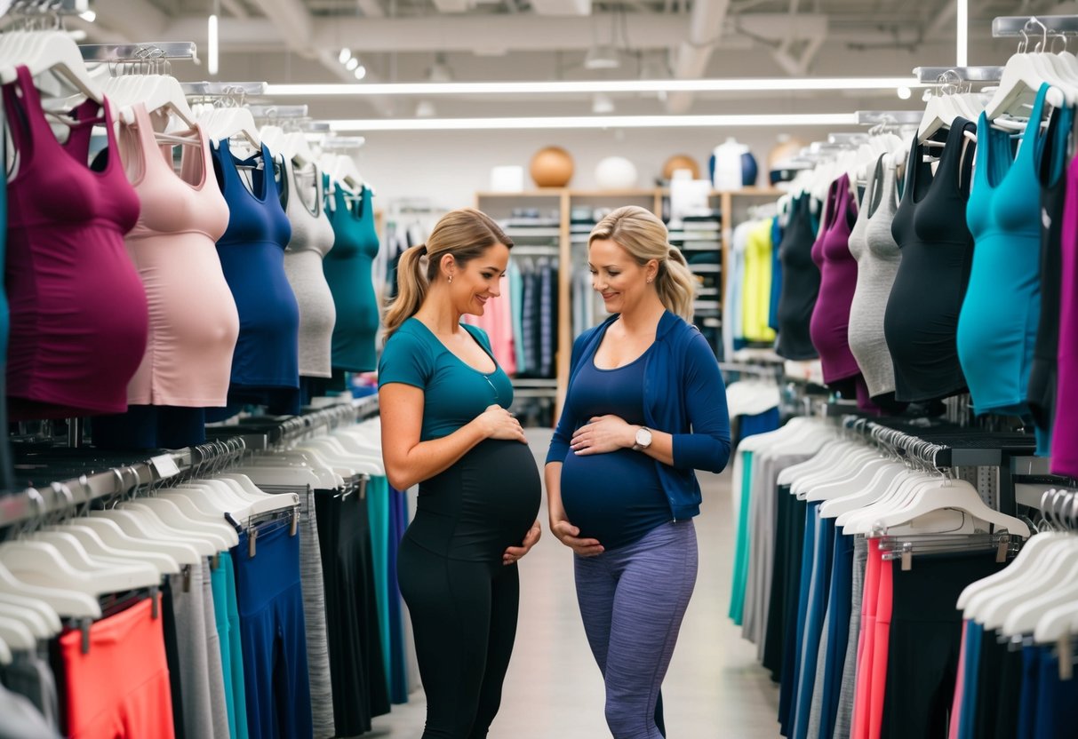 A pregnant woman browsing through a variety of stylish and functional maternity activewear, including leggings, sports bras, and tops, displayed on racks in a well-lit and spacious store