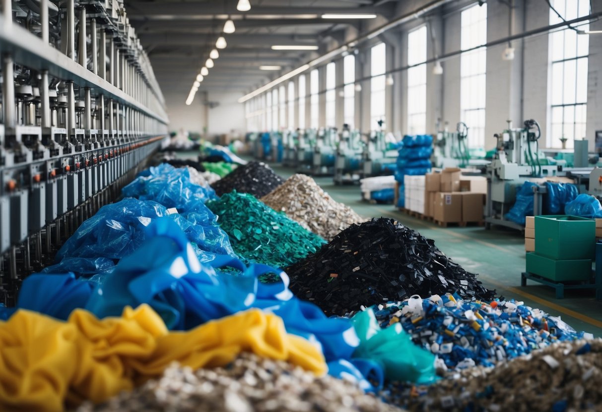 A bustling factory floor with machinery transforming plastic waste into sleek activewear fabrics. Piles of recycled materials and natural fibers line the walls