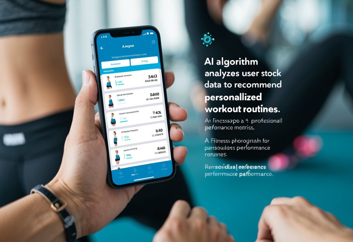 An AI algorithm analyzes user data to recommend personalized workout routines. A fitness app displays various activewear options based on individual preferences and performance metrics