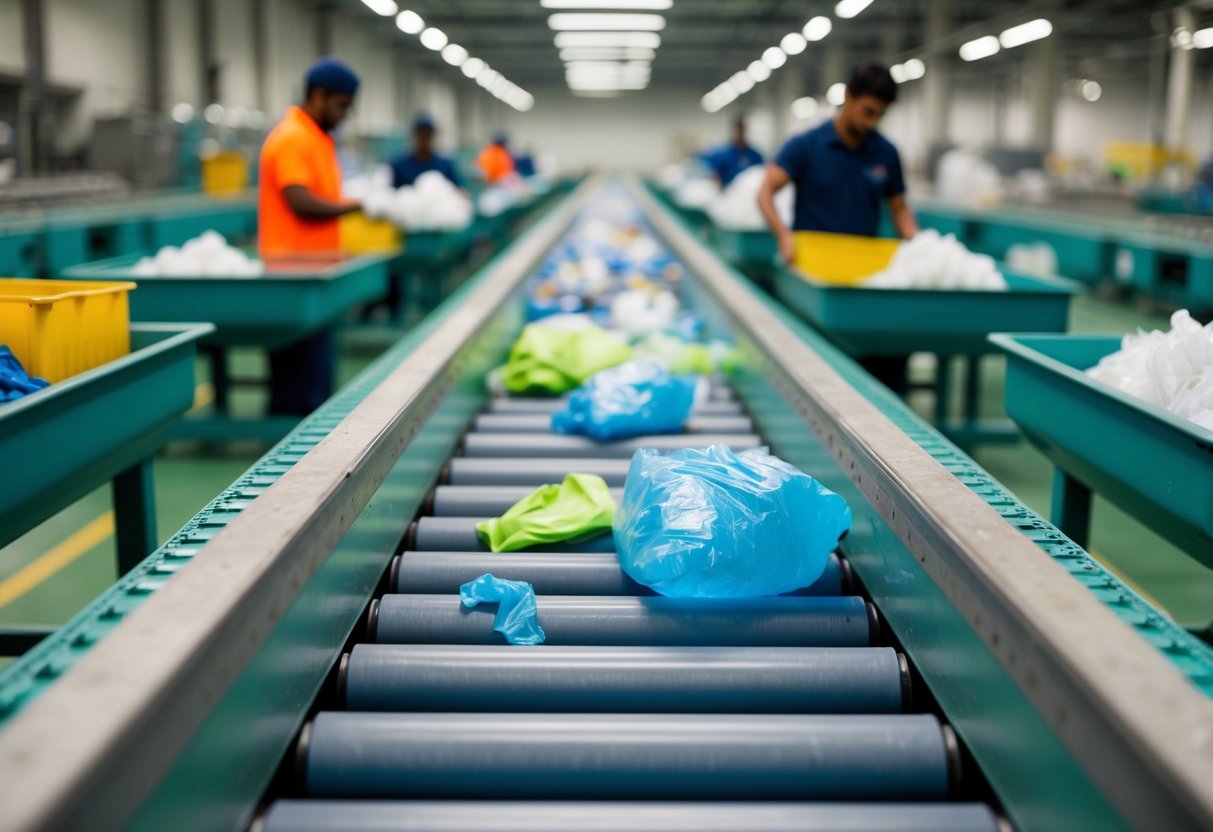 A factory floor with conveyor belts moving plastic waste to be transformed into eco-friendly activewear. Workers sort and process materials