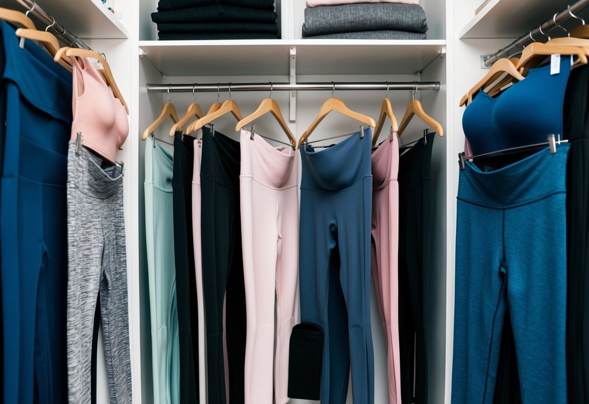 A pregnant woman's closet with a variety of maternity bottoms including leggings and jeans, showcasing stylish and functional activewear options