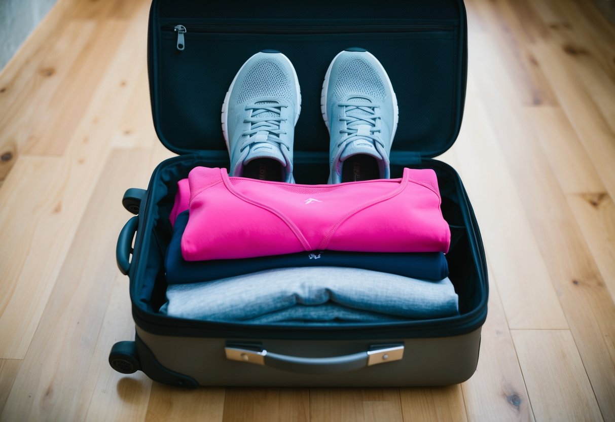 A compact suitcase with neatly folded activewear, including leggings, sports bras, and moisture-wicking tops. A pair of lightweight sneakers sits on top