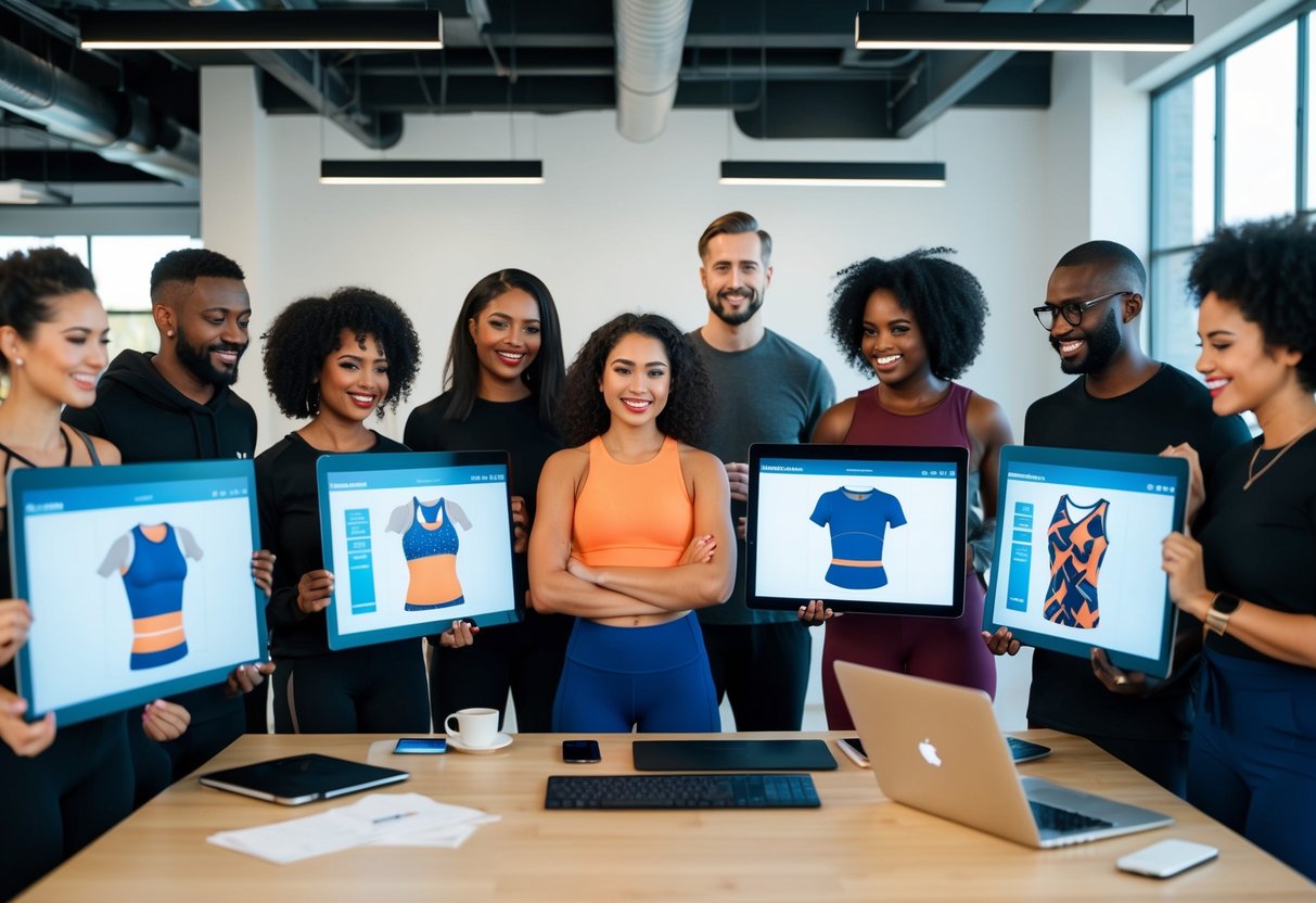 A group of diverse individuals submit design ideas for activewear, incorporating innovative features and bold patterns. Their creations are displayed on a digital platform, demonstrating the collaborative nature of the design process