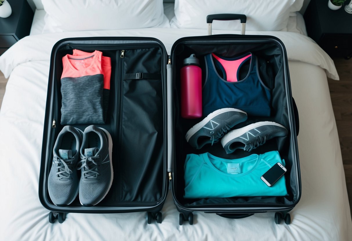 A suitcase open on a bed, neatly packed with activewear clothing and accessories. A pair of running shoes, leggings, tank tops, and a water bottle are visible