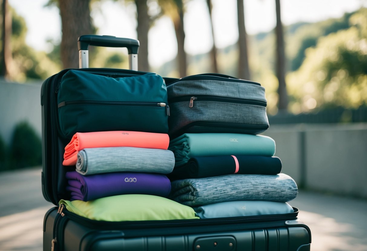 A suitcase packed with various activewear items, including lightweight, breathable fabrics and stylish designs, ready for a travel adventure